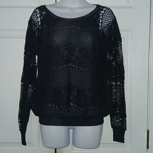 Ann Taylor  black crochet lace style long sleeve banded waist blouse  top  Sz M